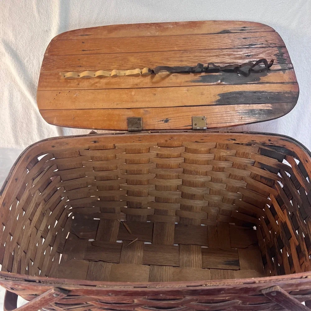 Vintage Woven Wood Picnic Basket Dual Handles Hinged Slatted Lid Large Rustic
